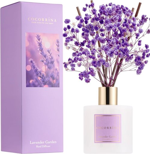 Cocorrína Reed Diffuser - Lavender Garden 6.7 Fl. Oz | Elegant Home Fragrance Set with Sticks & Baby's Breath