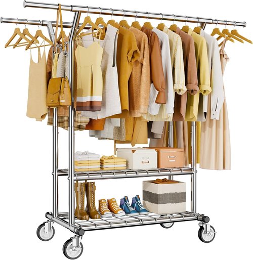 HYSEYY Heavy Duty Clothes Rack - Rolling Double Rod Garment Rack with Shelves | Adjustable & Portable, 620 LBS Capacity