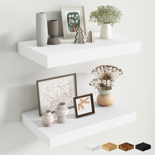 Fun Memories Wood Floating Shelves 16 Inch, 10 Inch Deep Shelves Wall Mount, Wall Shelves with Invisible Bracket, 16" Floating Shelves for Living Room Bathroom Bedroom, White, Set of 2