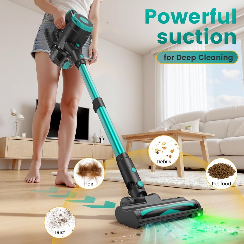 Zefiro Cordless Vacuum Cleaner,45Mins Runtime Vacuum Cleaners for Home, Anti-Tangle and 1.5L Dust Cup, 6 in 1 Lightweight Vacuum for Hardwood Floor Carpet Pet Hair (Olive Green)