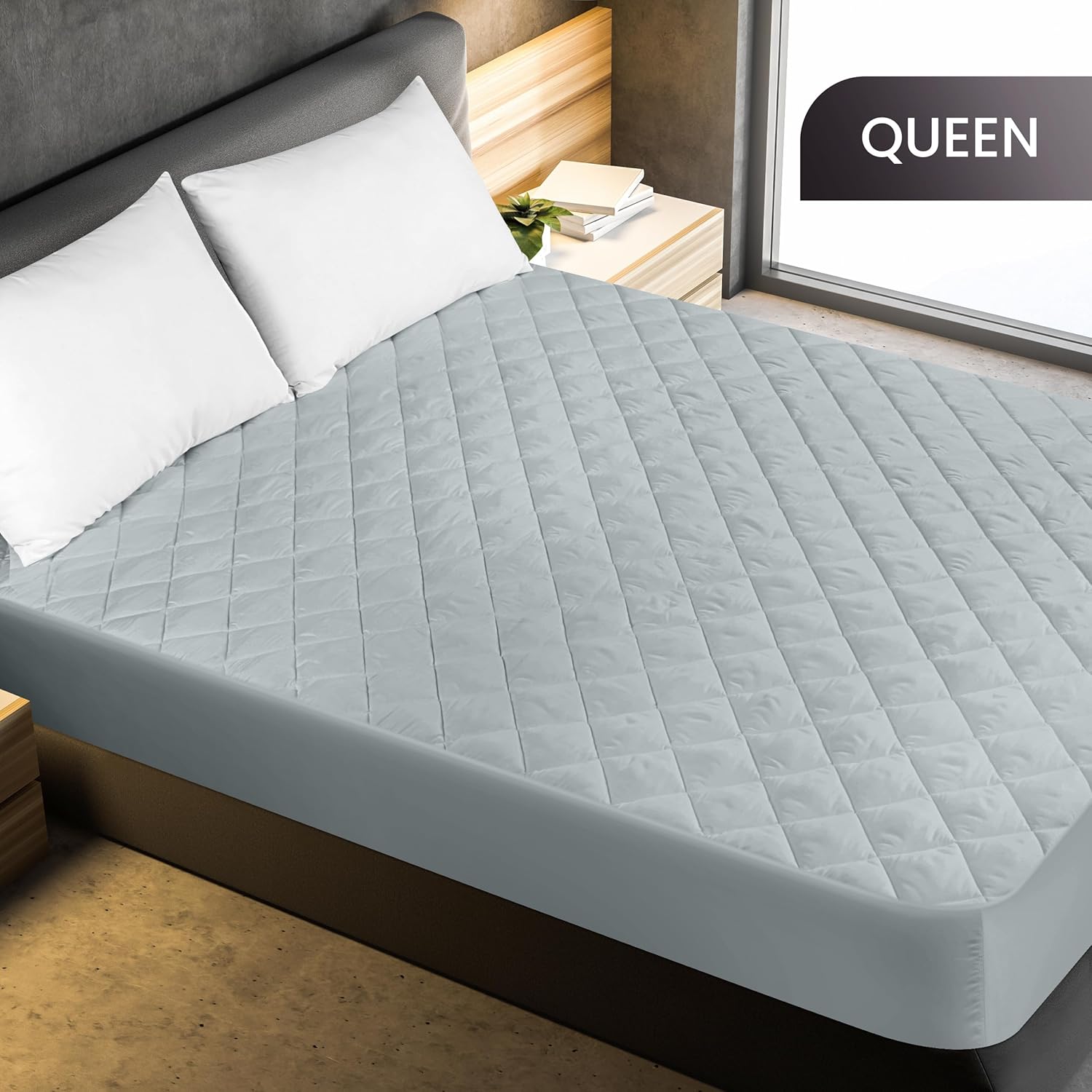 Utopia Bedding Quilted Fitted Mattress Pad - Queen Size Deep Pocket Protector | Machine Washable (Light Grey)