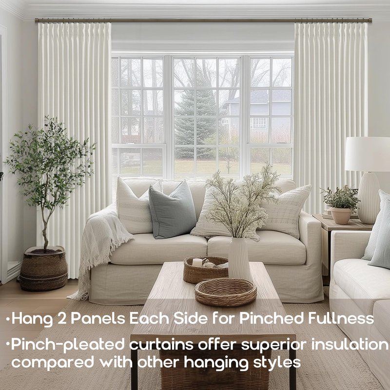 SHINELAND 108 Inch Curtains Long,Pinch Pleated Curtains Blackout Linen Black Out Extra Long Curtain for Living Room Drapes 108 Inches Long 2 Panels,Cream
