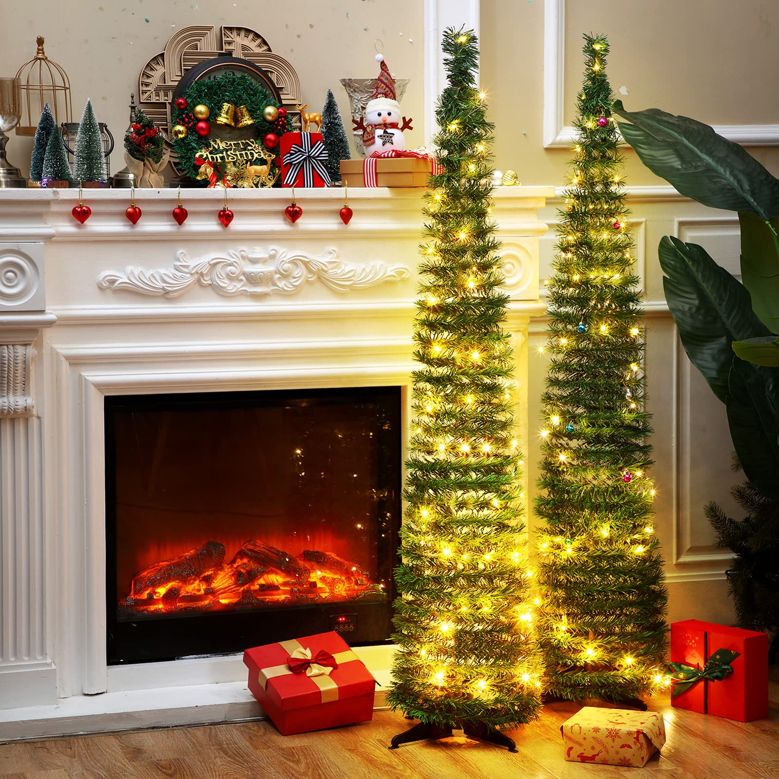 HyDren 2 Pack 5 ft Pop up Christmas Trees with Pre Lit Lights Artificial Pull up Christmas Tree PVC Collapsible Xmas Slim Tree with String Light for Home Xmas Party Decorations Install