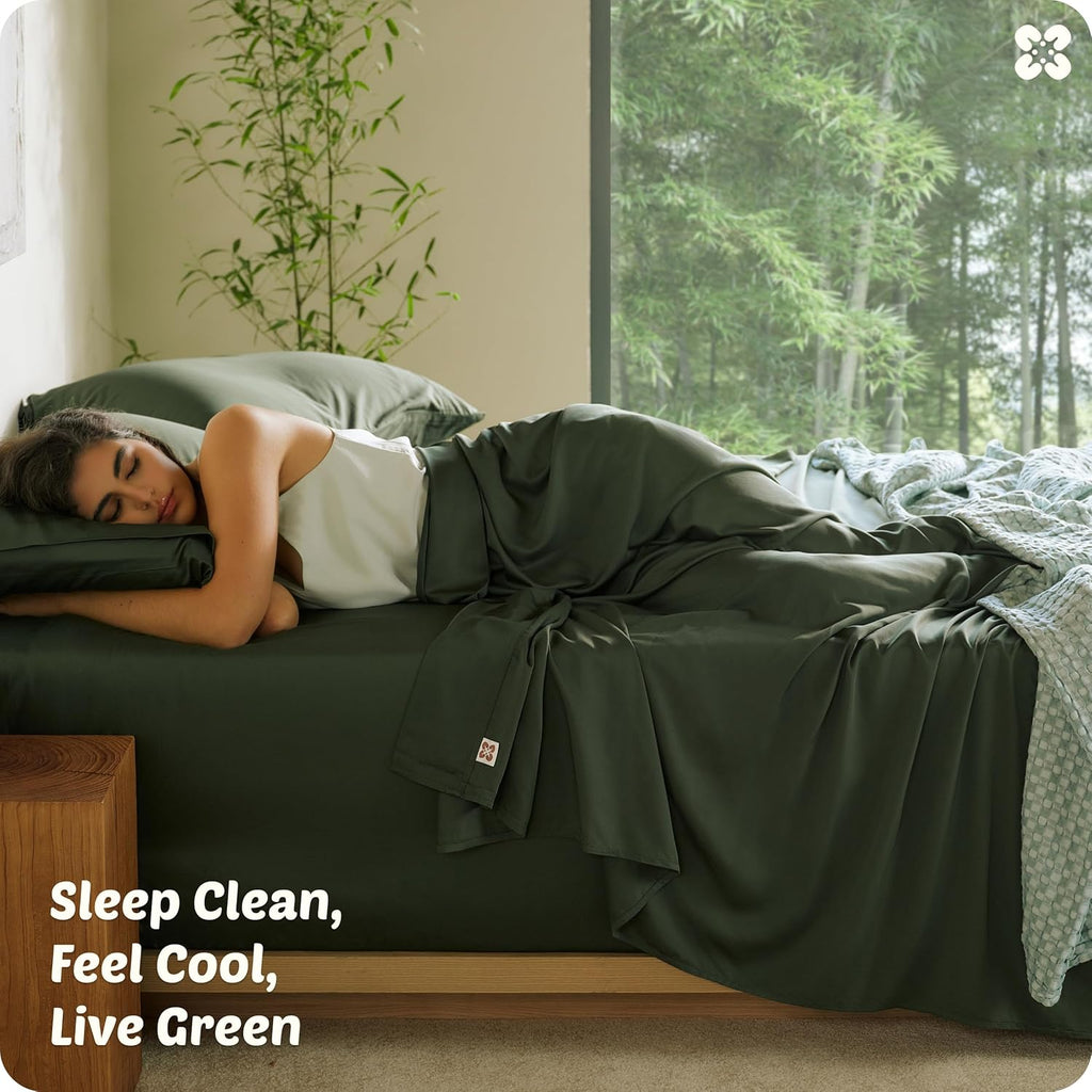 Bedsure Bamboo Viscose Queen Sheet Set - Cooling Luxury Bedsheets for Hot Sleepers | 18" Deep Pocket | Oeko-Tex Certified [Olive Green]