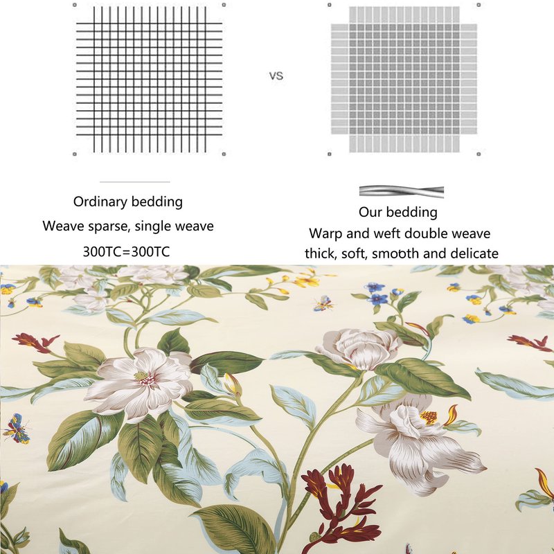 FADFAY Floral Duvet Cover Set 100% Cotton Green and Beige Striped Shabby Flower Bedding Branches Summer Bedding Reversible 600 TC Soft Zipper Comforter Cover & 2 Pillowcases，Queen