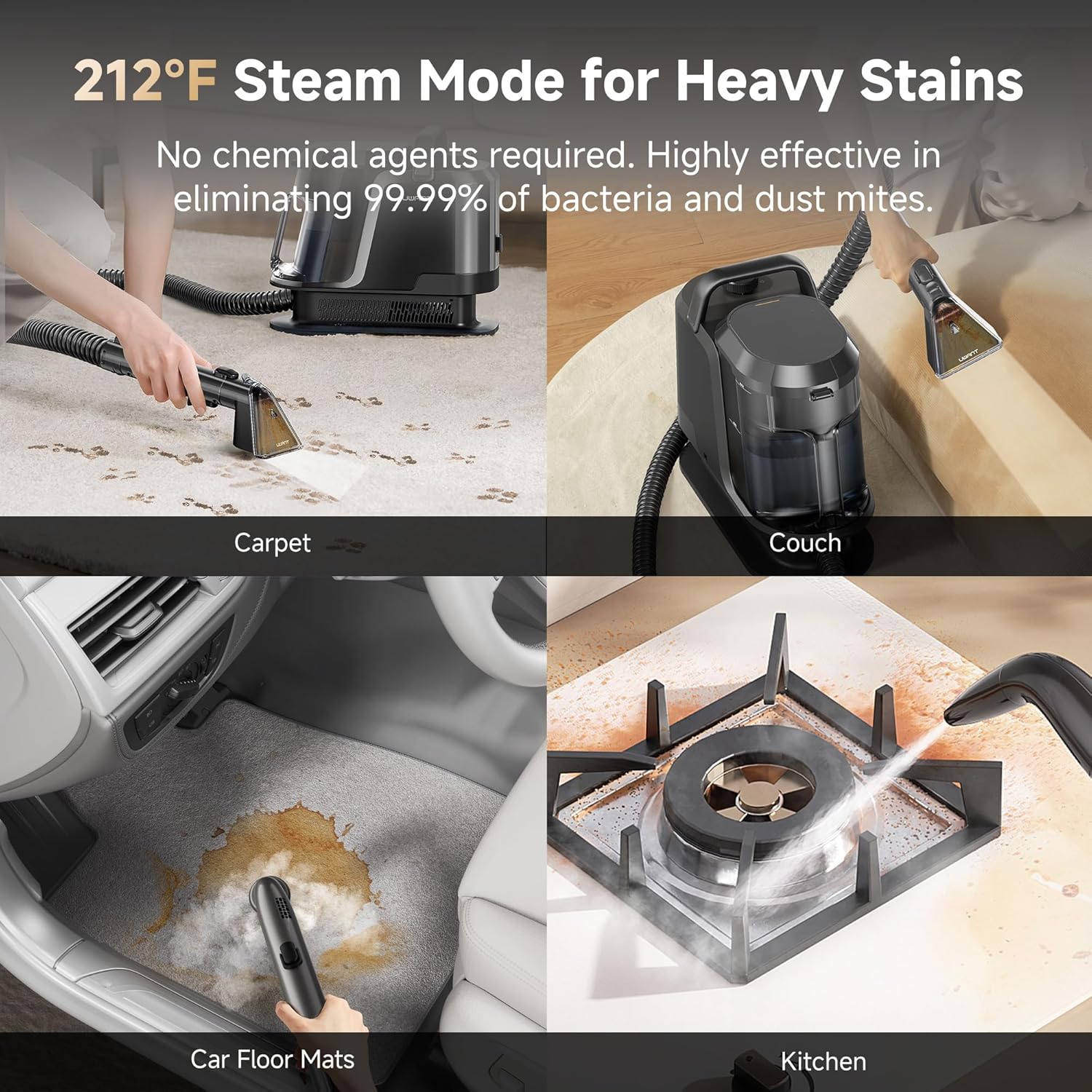 Uwant Carpet Cleaner Machine - Powerful 18Kpa Suction with Steam & Hot/Cold Water System | Pet Pro Upholstery Cleaner