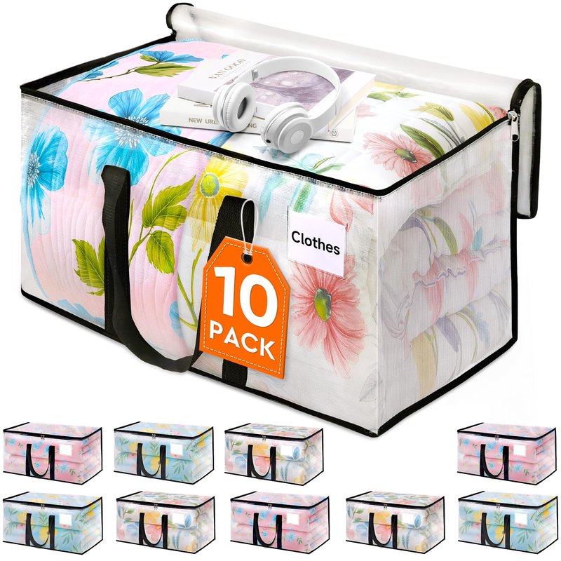 HomeHacks Clear Moving Bags Heavy Duty 10 Pack, Storage Bags with Zipper, Extra Thick Handles & Waterproof Packing Boxes for Moving, Camping, Home Organization 93L/24Gal (28.7"x14.2"x14")