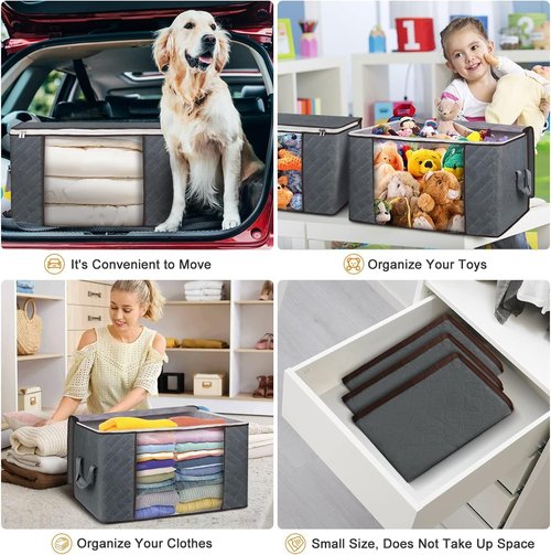 Budding Joy | Foldable Large Blanket Storage Bags - 60L Capacity, 6-Pack, Gray | Ideal for Clothes, Toys & More