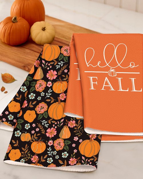 Miss Adola Fall Kitchen Towels Set of 2 - Fall Kitchen Dish Towels 18x26 Inches Microfiber Decorative Autumn Themed Towel for Thanksgiving Harvest, Absorbent Hand Towel with Hanging Loop, Oil Pumpkin