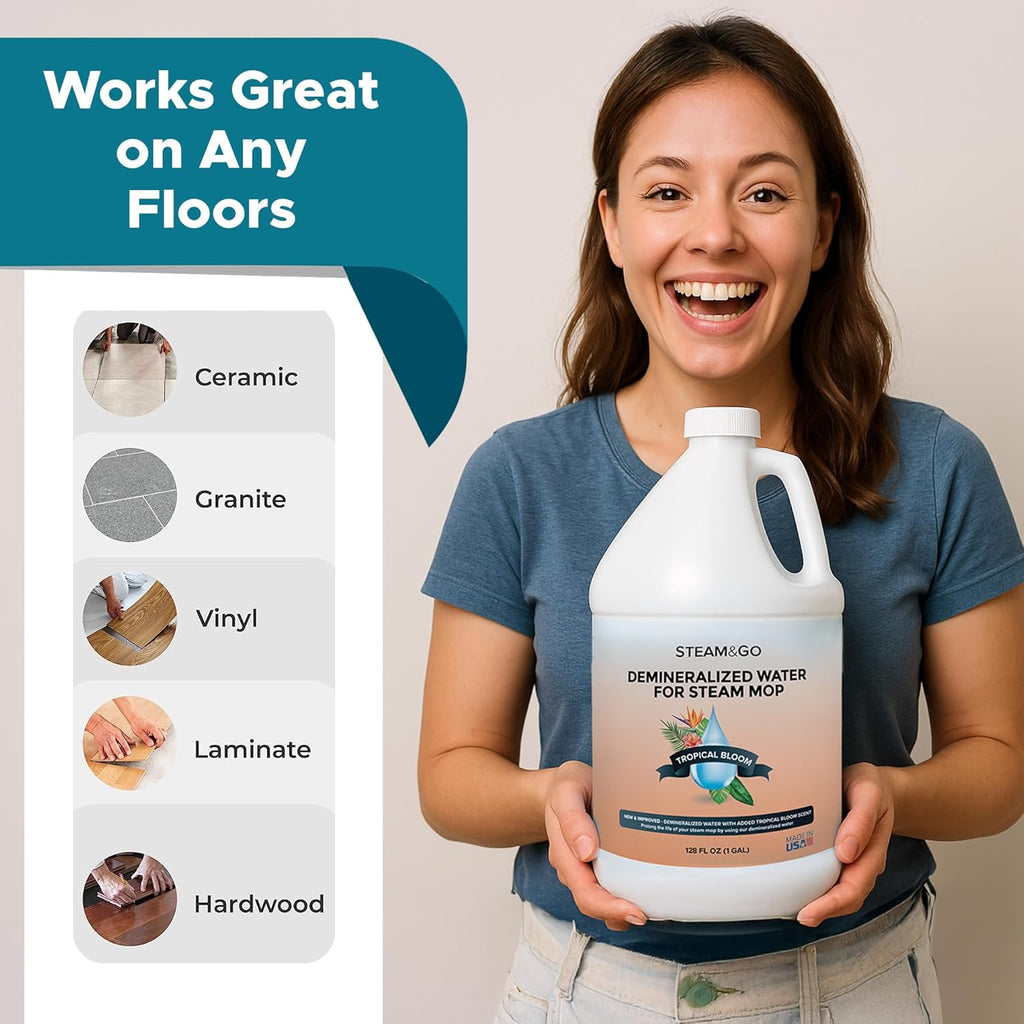 Steam & Go Demineralized Water | PVC-Free Multi-Surface Cleaner for Steam Mops - Tropical Bloom, 128 Fl Oz