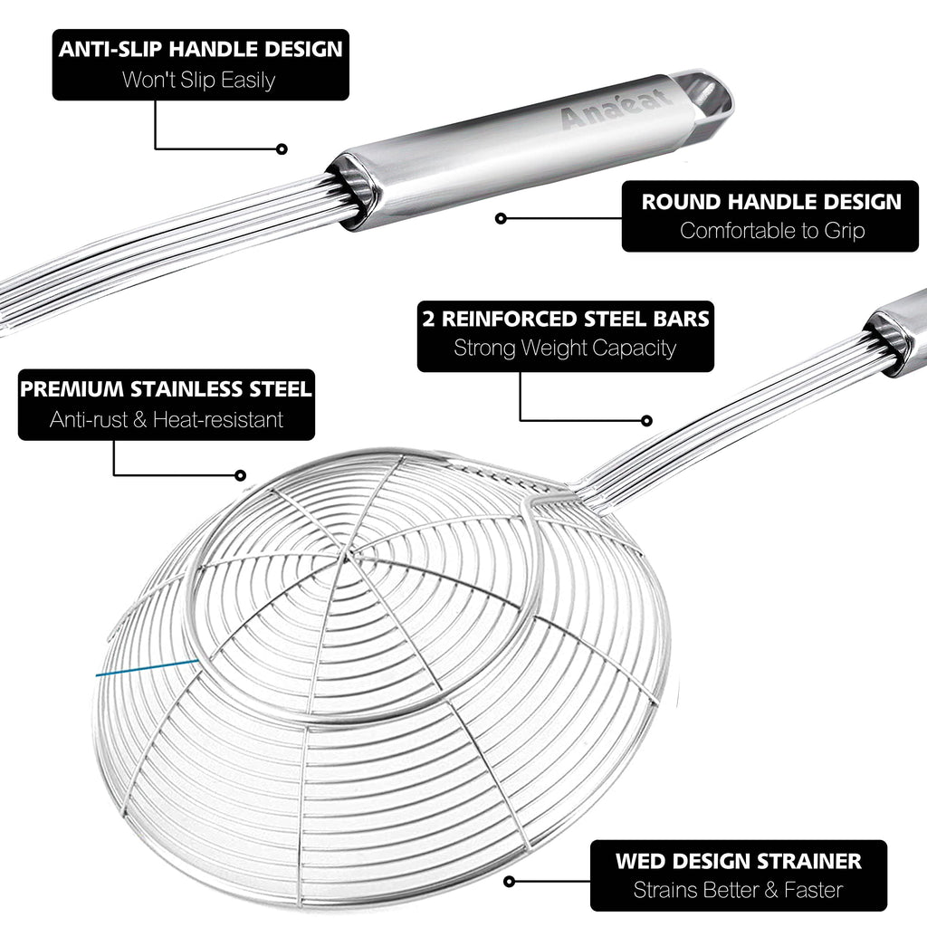 Anaeat Stainless Steel Spider Strainer Skimmer - Solid Kitchen Strainer Ladle with Long Handle for Cooking and Frying, Reinforced Double Coil Slotted Spoons for Pasta, Noodle, Spaghetti (5.5 Inch)