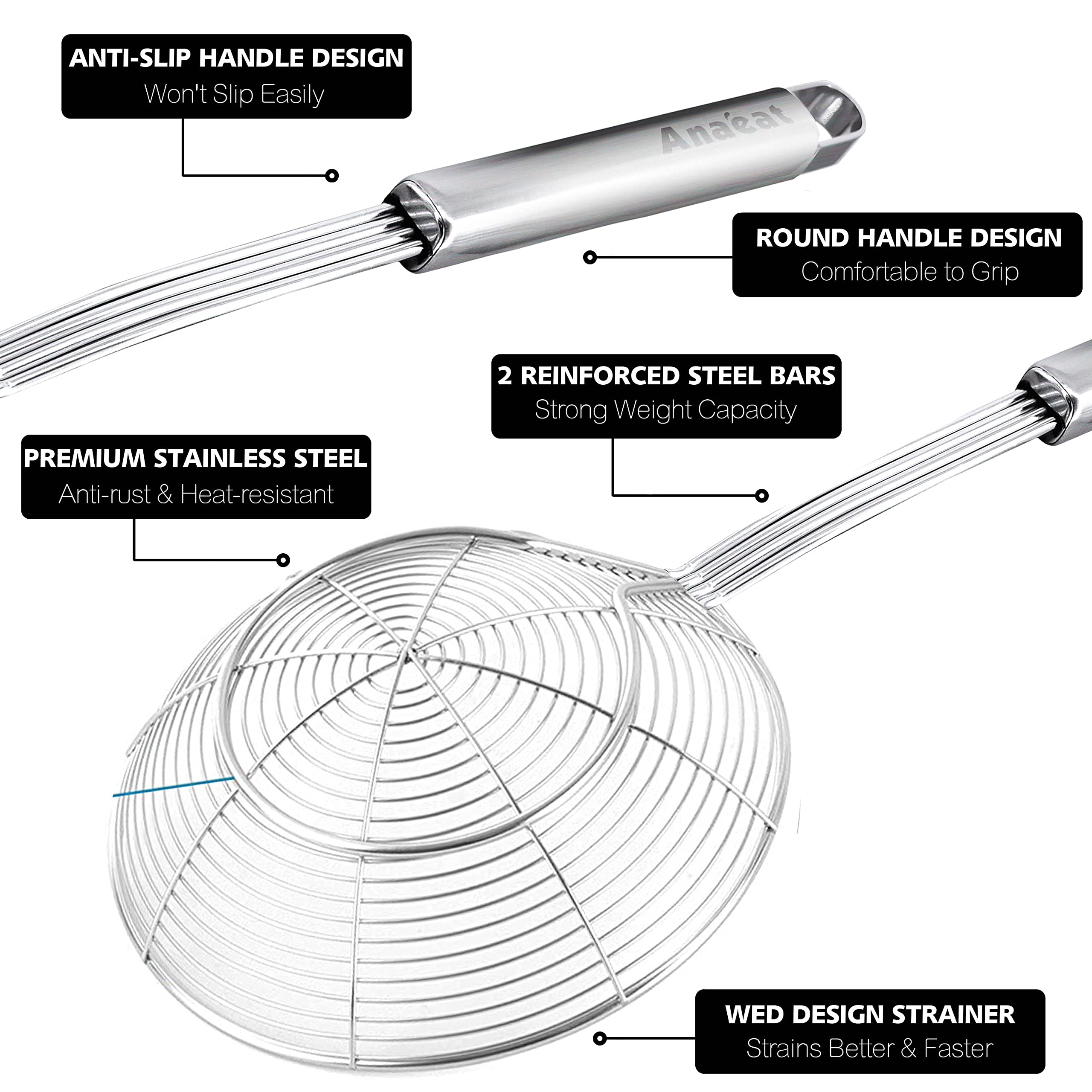 Anaeat Stainless Steel Spider Strainer Skimmer - Solid Kitchen Strainer Ladle with Long Handle for Cooking and Frying, Reinforced Double Coil Slotted Spoons for Pasta, Noodle, Spaghetti (5.5 Inch)