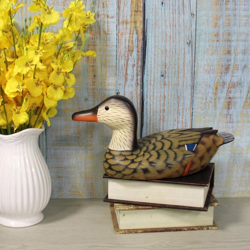CVHOMEDECO Mallard Duck Decor - Hand Engraved & Painted Wood Figurine, 13 Inch, Brown Accent
