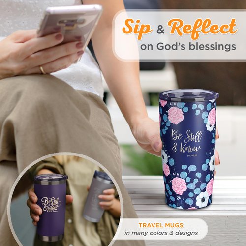 Christian Art Gifts Stainless Steel Double-Wall Vacuum Insulated Travel Mug 18 oz Navy Blue with Pink Floral Tumbler with Lid for Women with Inspirational Bible Verse - Be Still & Know -Psalm 46:10