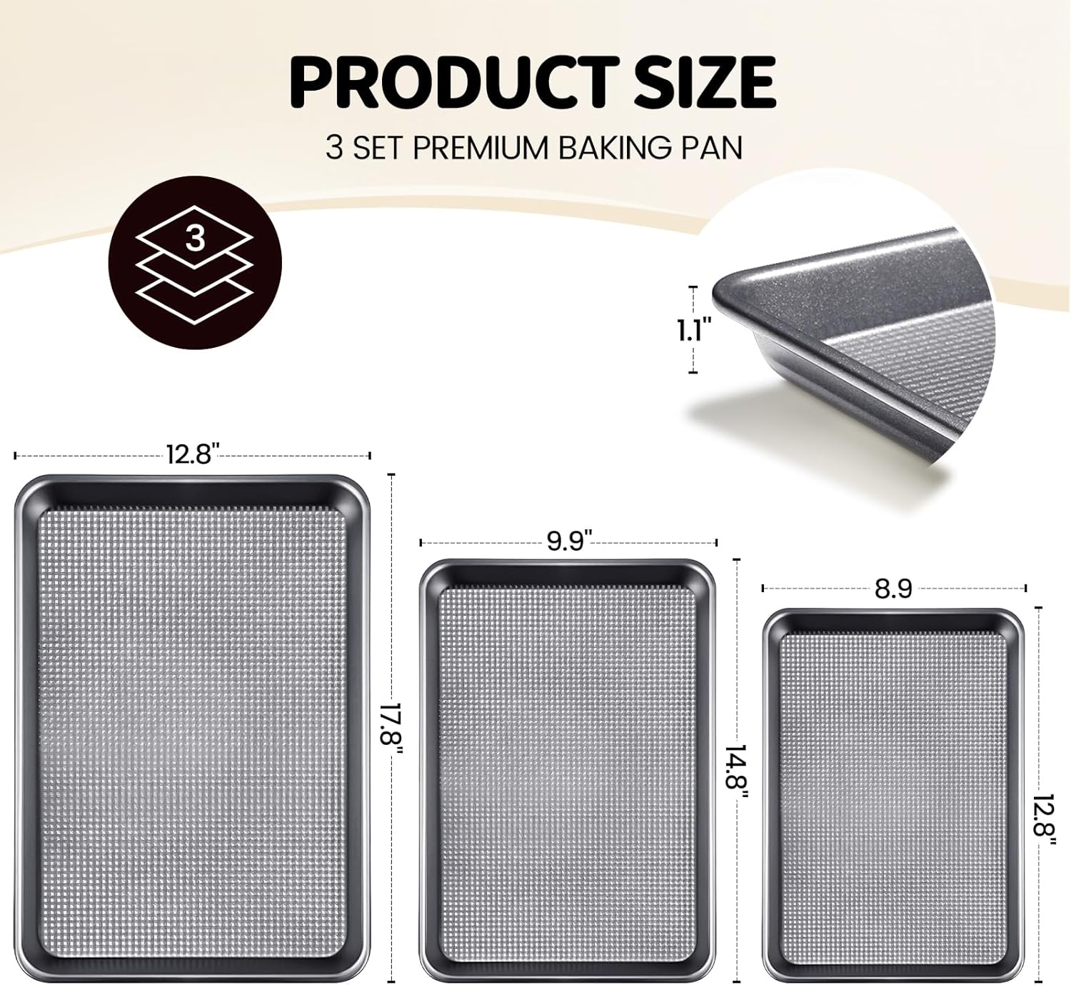 Vinino Baking Sheet Set - Non-Stick Carbon Steel Cookie Sheets with Square Texture | 3-Piece Grey Set
