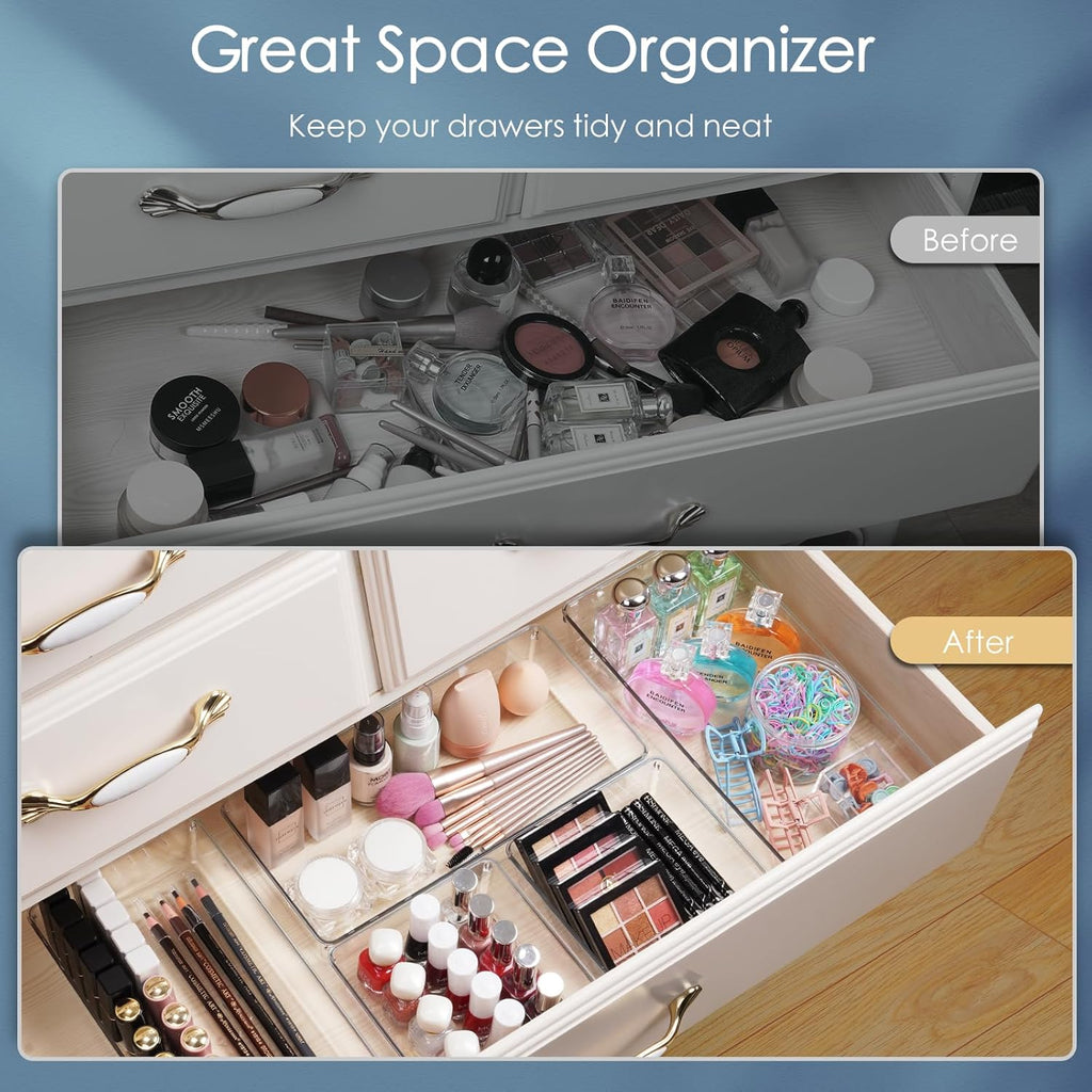 Skiennix 12 Pack Large Clear Plastic Drawer Organizers - Non-Slip Storage Bins for Makeup, Kitchen & Office