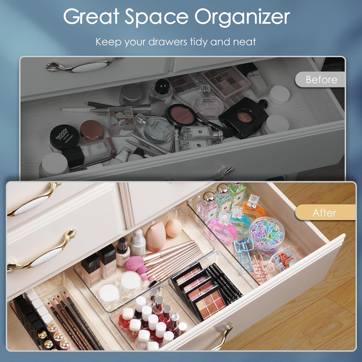 Skiennix 12 Pack Large Clear Plastic Drawer Organizers - Non-Slip Storage Bins for Makeup, Kitchen & Office
