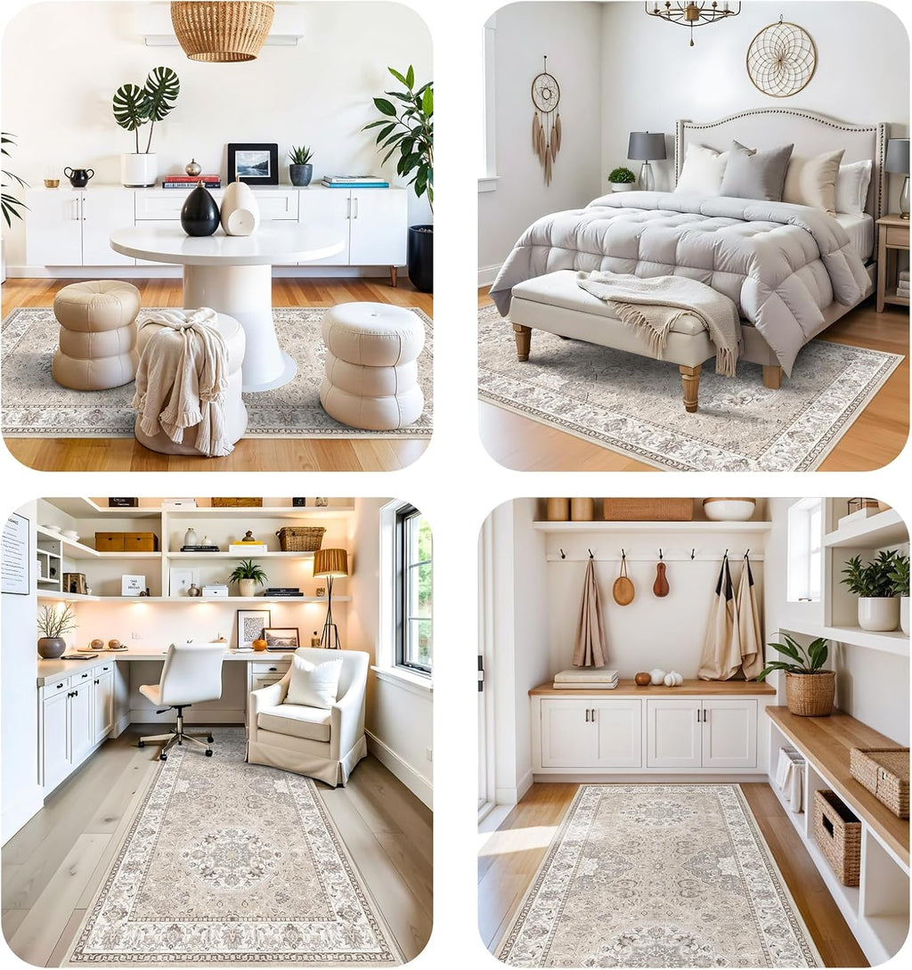 Skiennix Washable 4x12 Wide Hallway Runner - Vintage Soft Non-Slip Water Resistant Rug | Beige