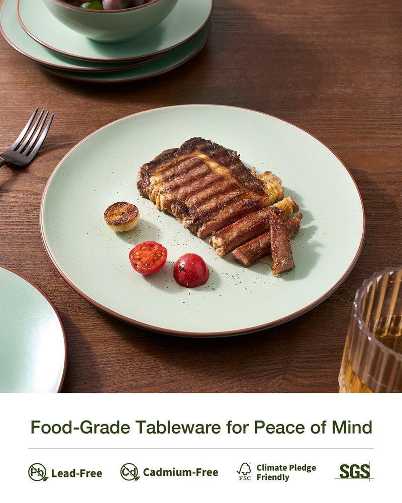 Famiware Venus Plates and Bowls Sets, 12 Pieces Stoneware Speckled Dishes Dinnerware Set for 4, Light Green - Microwave & Dishwasher Safe, Modern Minimalist, for Everyday Meals & Formal Dining