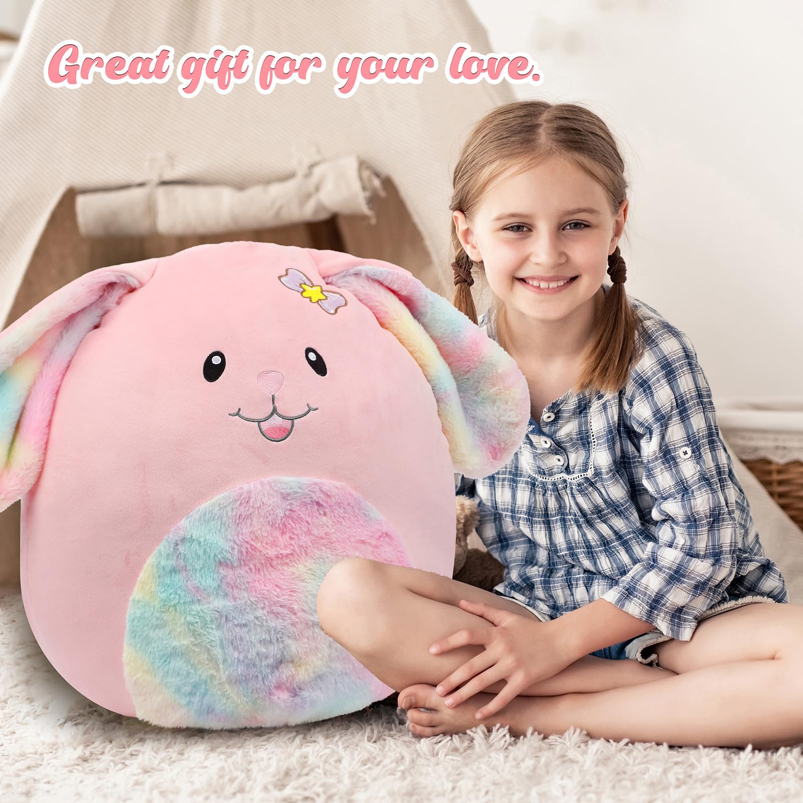 Mushymallow 20-Inch Bunny Large Rabbit Plush Pillow with Rainbow Belly Soft Jumbo Bunny Plush Toy Giant Cute Hugging Stuffed Animal Birthday Easter Gifts for Kids Adults