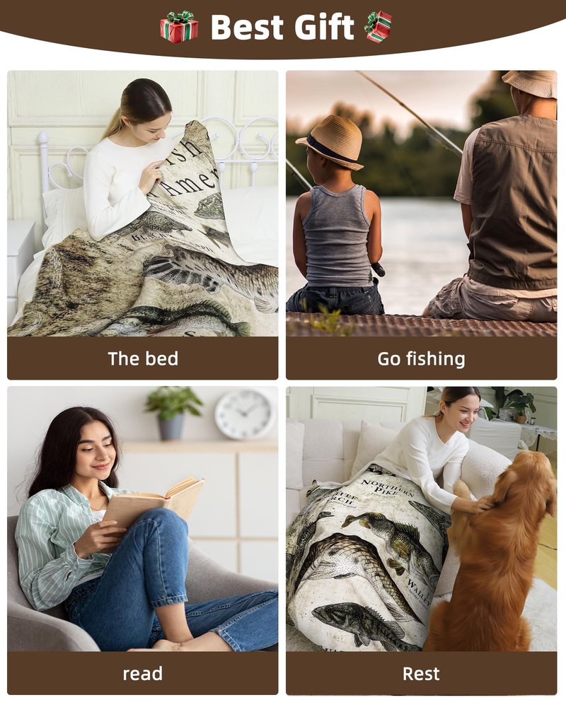 Zacruch Fishing Enthusiast Blanket – North America Sports Fish Design, Funny & Educational Knowledge Blanket, Ideal Bass Fishing Gift for Boys, Dads, Grandpas – Unique Outdoor Lover Present 50"x60"