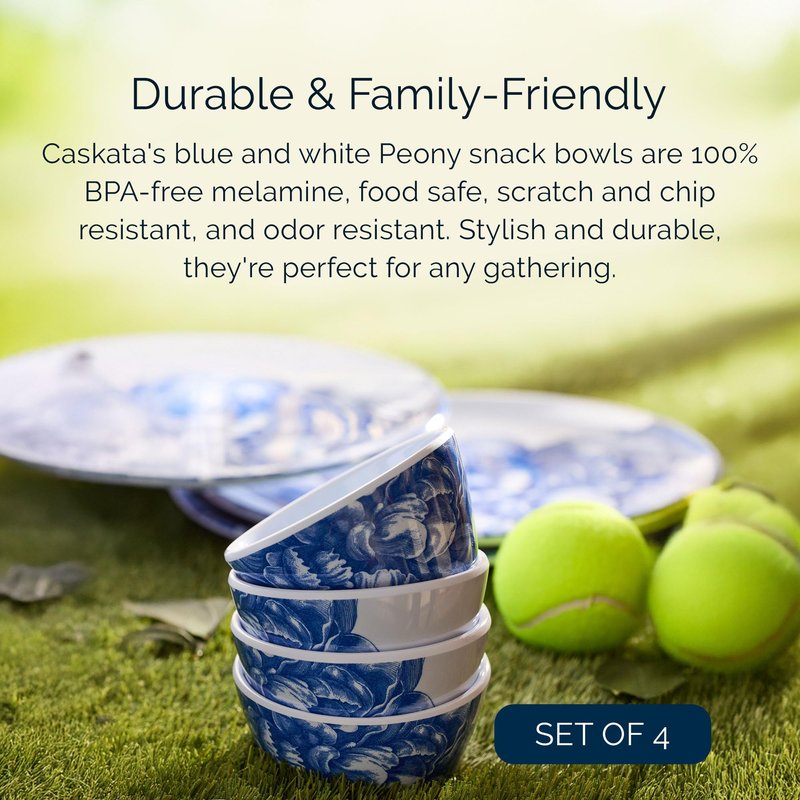 Caskata Peony Melamine Snack Bowls, Set of 4 | Small Bowls for Entertaining and Everyday Use | Perfect for Home, Beach, Pool and Gifting | Blue on White Color | 6 oz