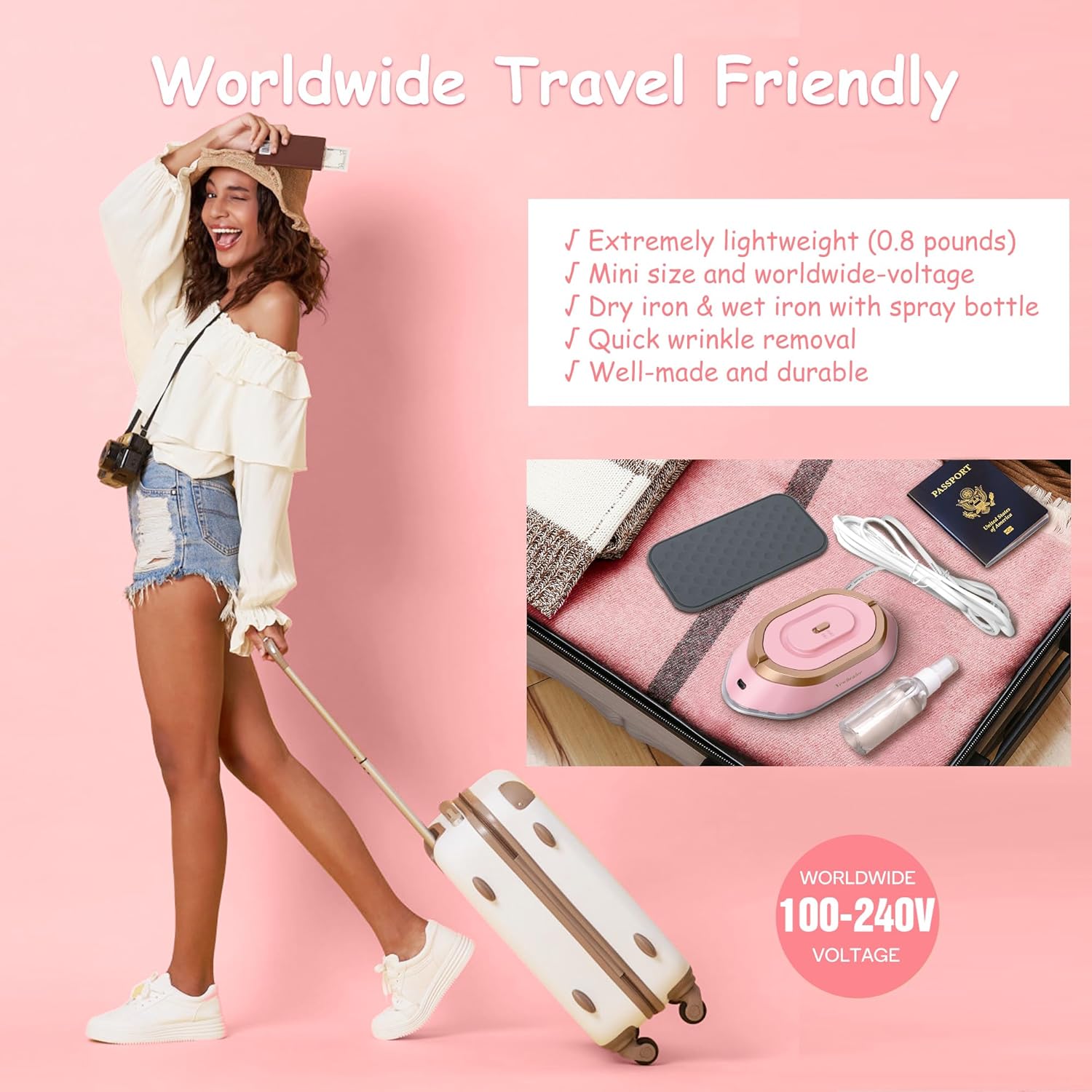 Newbealer Travel Iron - Mini Dry Iron with Global Voltage, 100-240V, Non-Stick Soleplate, 0.8lbs (Pink)