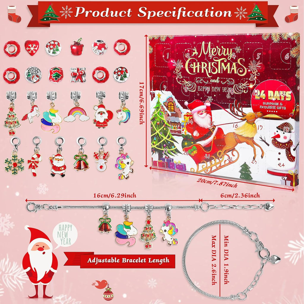 SIXNIE Christmas Advent Calendar - 24-Day Countdown with 2 DIY Charm Bracelets for Girls & Teens