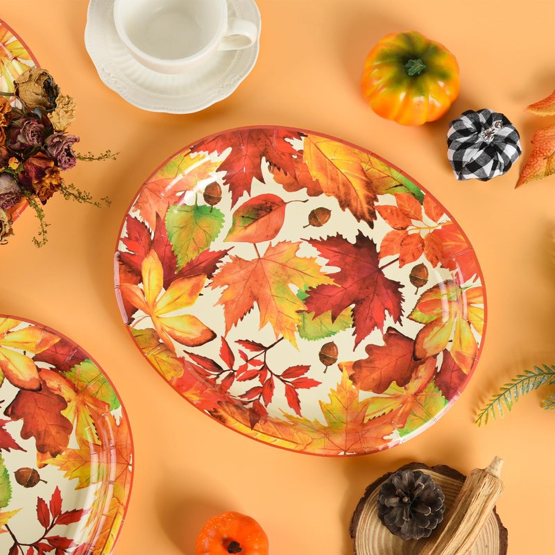 Elyxio 50 Pcs Thanksgiving Leaves Oval Paper Plates Fall Disposable Party Plates Autumn Dinner 10" X 12" Dinner Serving Dish Platters for Harvest Give Thanks Party Tableware Supplies