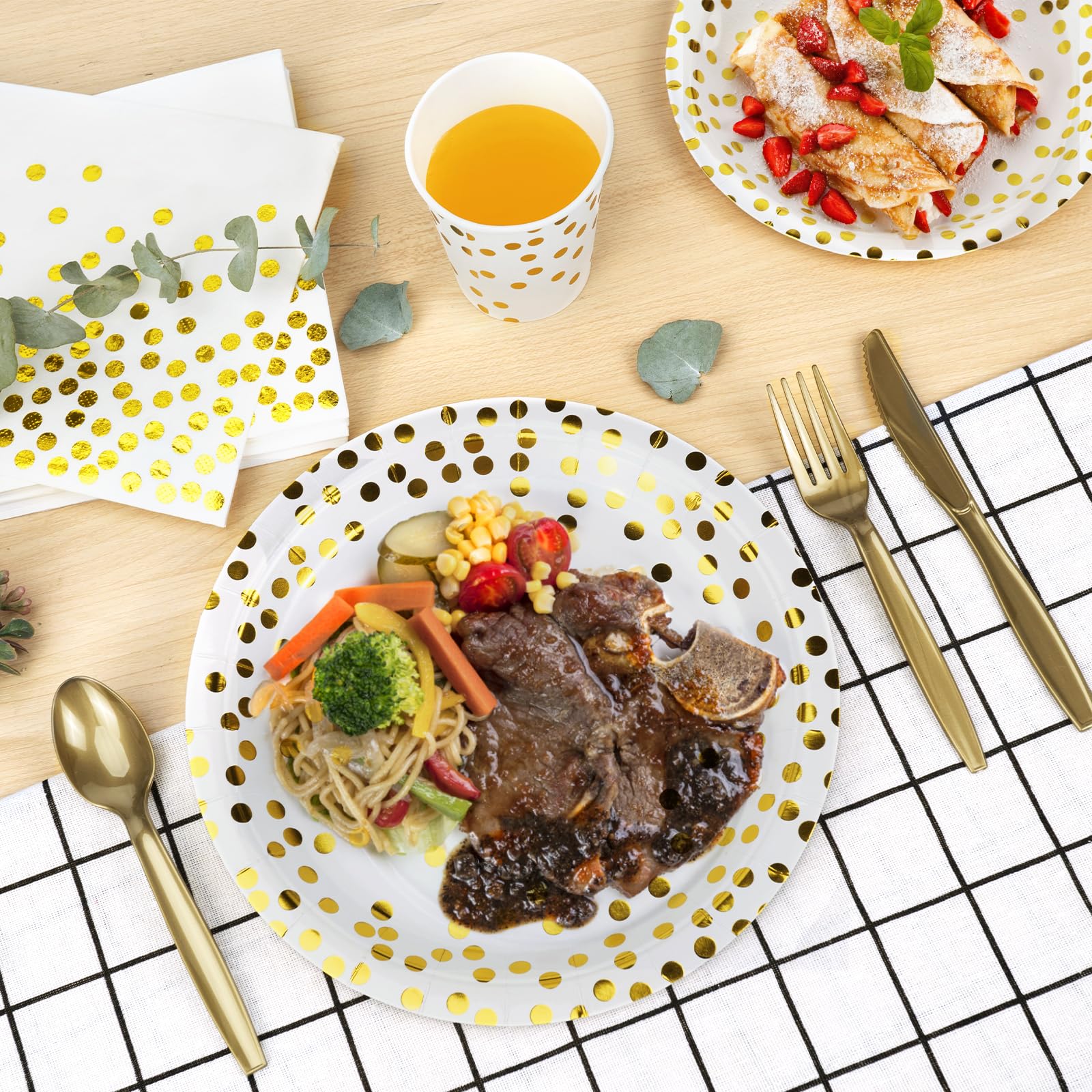 Lzerking Party Supplies Set - 280 Pieces of White and Gold Dot Paper Plates, Cups, Napkins, and Heavy Duty Silverware for 40 Guests for Birthdays, Graduation, Wedding, Festivals