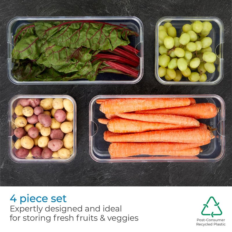 iDesign Crisp 4-Piece Recycled Plastic Refrigerator Organizer Bin Set with Lids, Clear/White