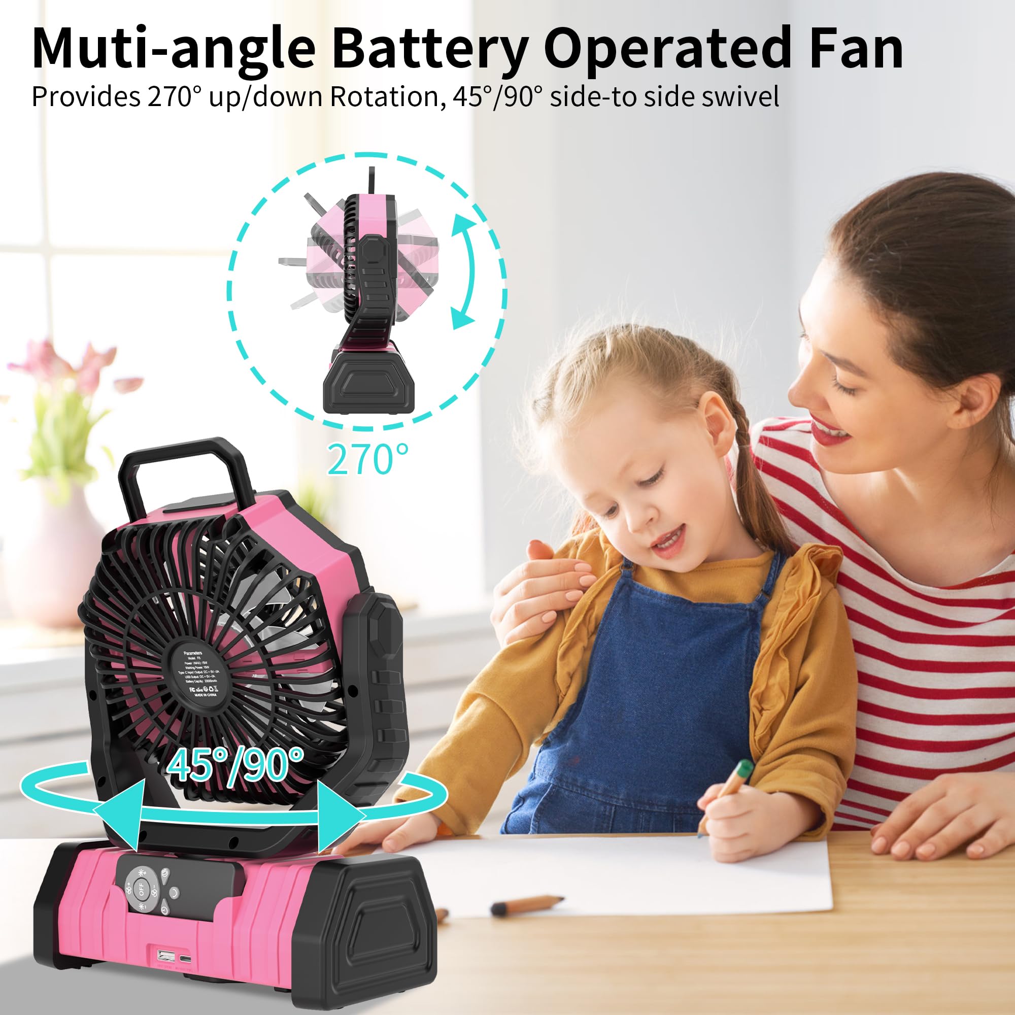 TDLOL 20000mAh Camping Fan Battery Operated Fans Portable,Portable Rechargeable Battery Powered Fan with LED Light,360°Oscillating & 8H Timer Camping Essentials Fans with Hook pink fan