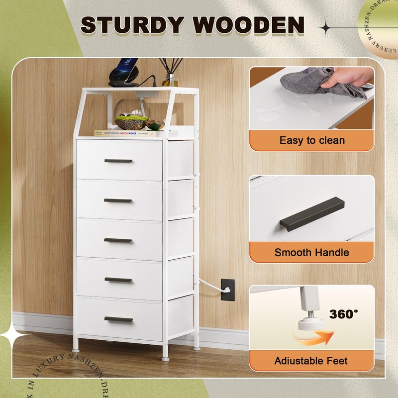 NASHZEN Nightstand 5 Drawer Dresser with Charging Station, Side Table with Fabric Drawers, End Table with Open Shelf, Tall Dresser for Bedroom, Hallway, Entryway
