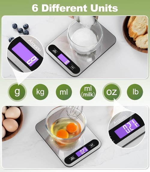 Atogou Digital Kitchen Scale - 33lb/15kg Capacity, Full View LCD Display, Durable Stainless Steel Surface | Black