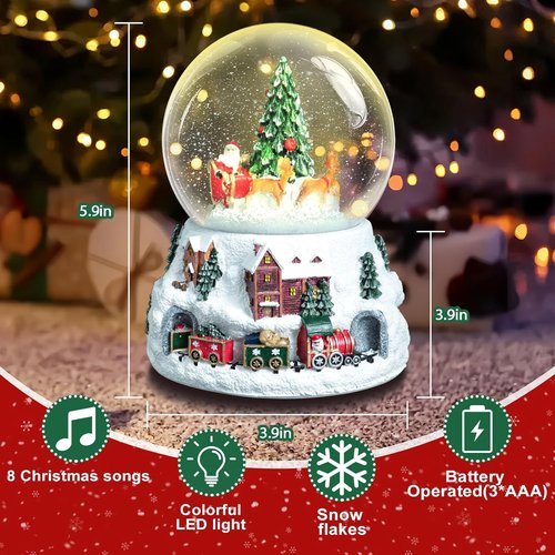 Christmas Snow Globe - LED Light Musical Snowflakes | 5.9 Inch Santa Claus & Christmas Tree Decoration