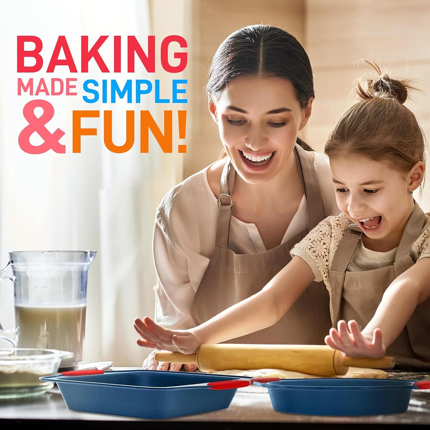 NutriChef 8-Piece Nonstick Baking Pan Set | Premium Carbon Steel Bakeware with Silicone Handles - Blue