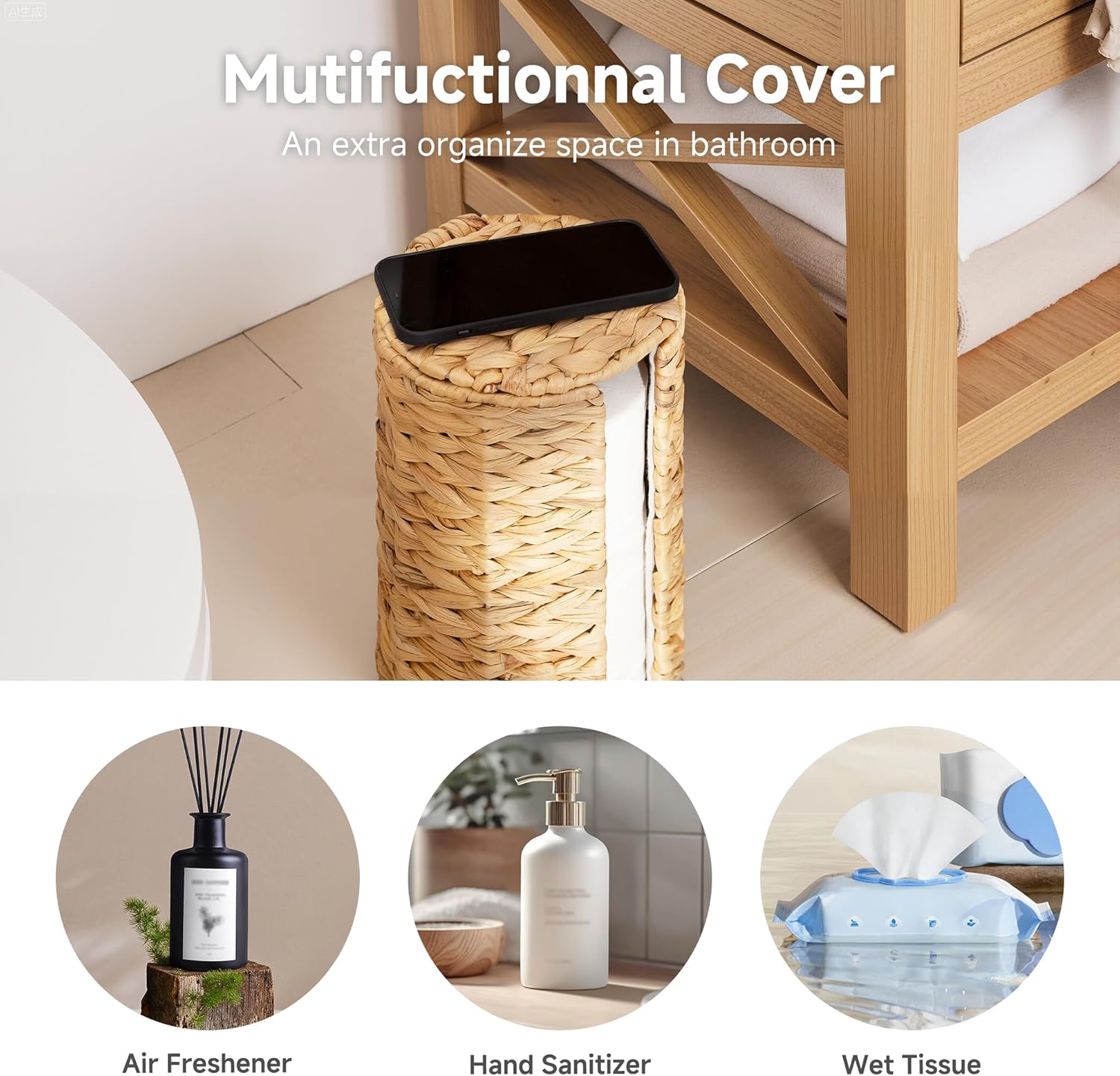 StorageWorks Toilet Paper Holder Stand - Free Standing Design with Built-in Cloth Lining | Holds 3 Rolls