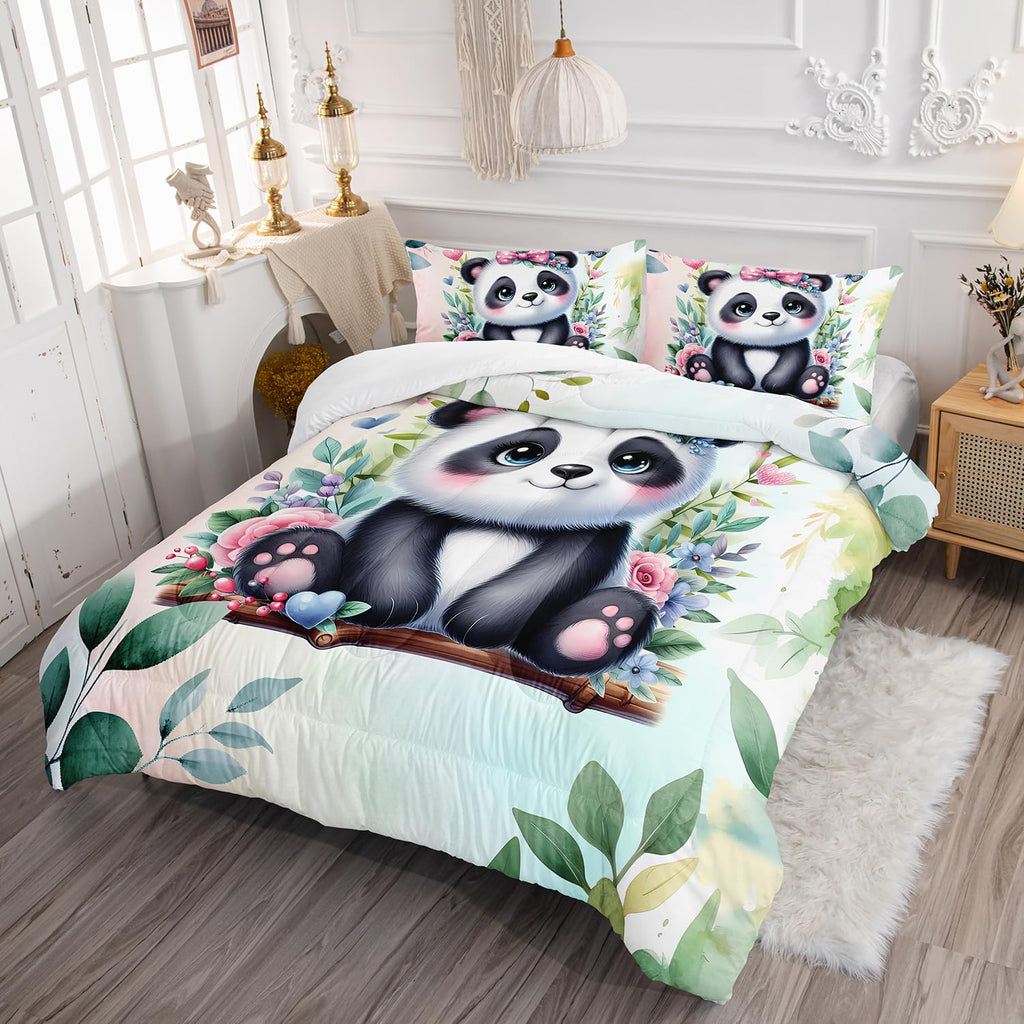 XYNHML Kawaii Black White Panda Comforter 3Pcs Twin Tie Dye Wild Animal Flower Bear Bedding Set for Kid Teen Girl Boy Room Decor Swing Butterfly Botanical Quilt with 1 Comforter and 2 Pillowcases