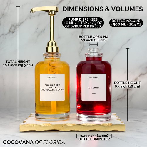 Cocovana Coffee Syrup Dispenser 500 ml, 102 Labels & Aligner, Large Coffee Syrup Pump for Coffee Bar, Coffee Sauce Dispenser, Glass Bottle Set of 2, Gold Kitchen Accessories Espresso Flavor Torani