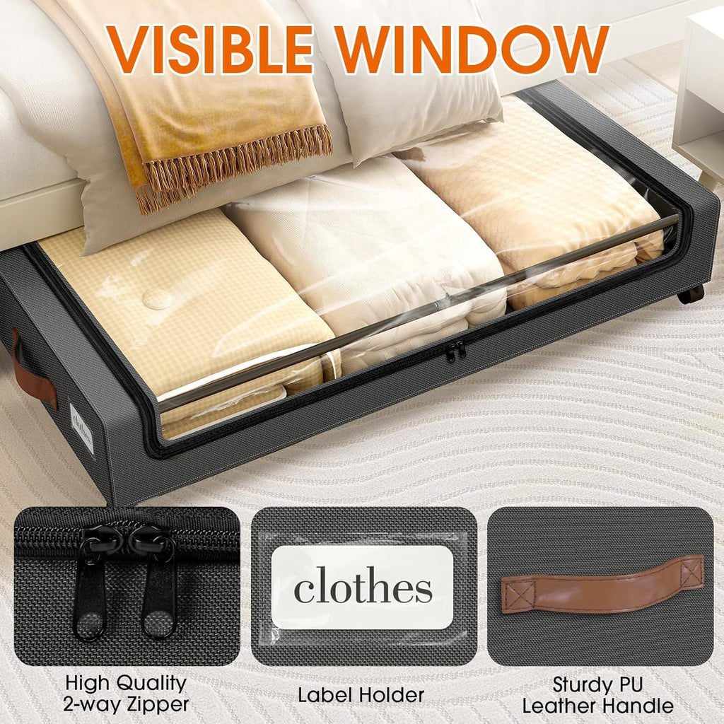 SpaceHacks Under Bed Storage Containers - 2-Pack Rolling Drawers with Clear Window & Labels | Dark Grey (30.71 x 16.93 x 6.69 in)