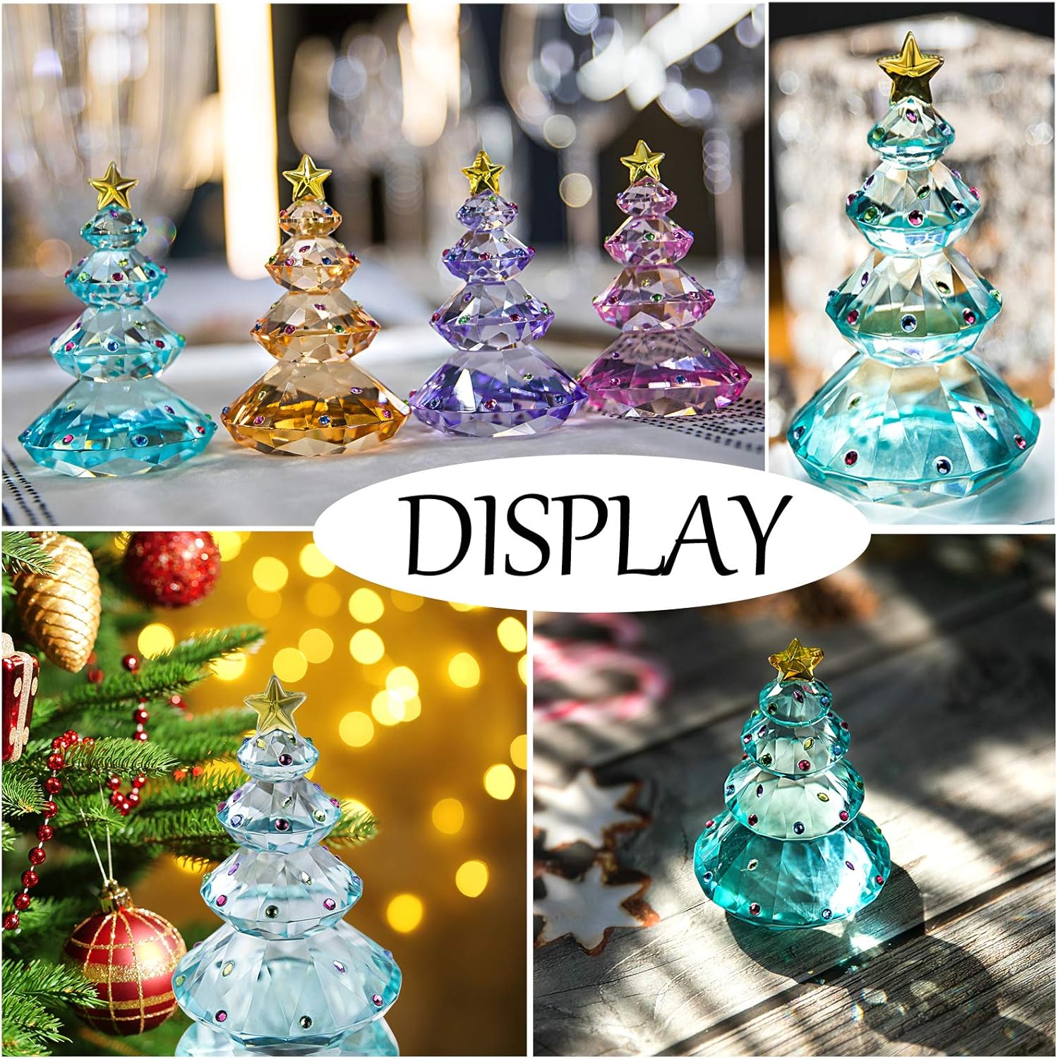 QFkris Crystal Christmas Tree Figurine - 3.5" Blue Glass Paperweight Table Ornament | Holiday Gift