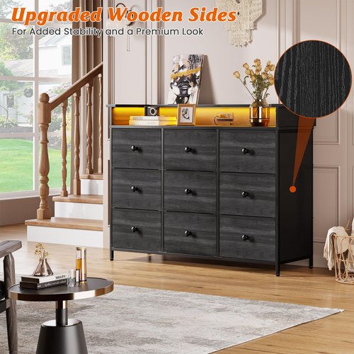 Nicehill 9 Drawer Dresser for Bedroom, TV Stand for Bedroom, Black Dresser with LED Light, Fabric Chests of Drawers for Hallway Entryway (Black Wood Grian)