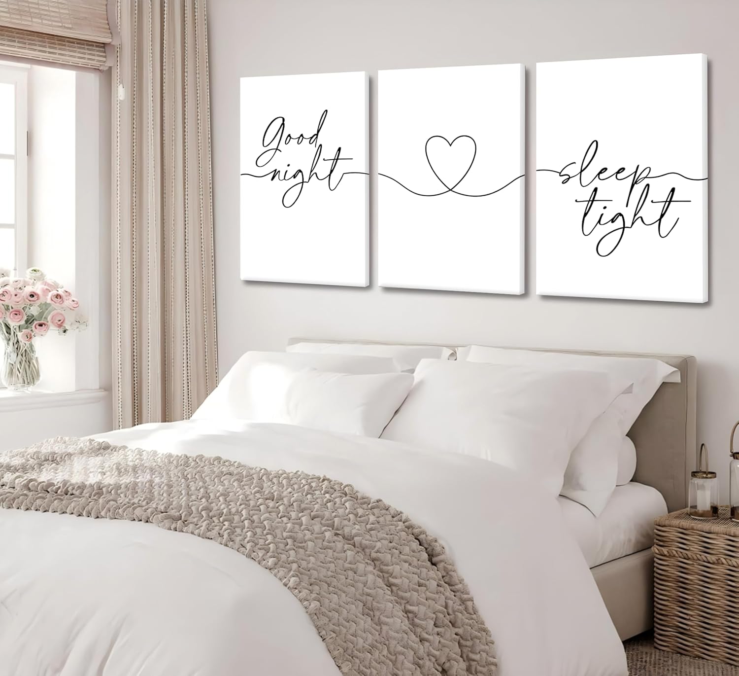 Skiennix Minimalist Wall Art - Bedtime Quotes Black Line Art Heart Shape Poster | 3-Piece Set for Living Room & Bedroom Decor