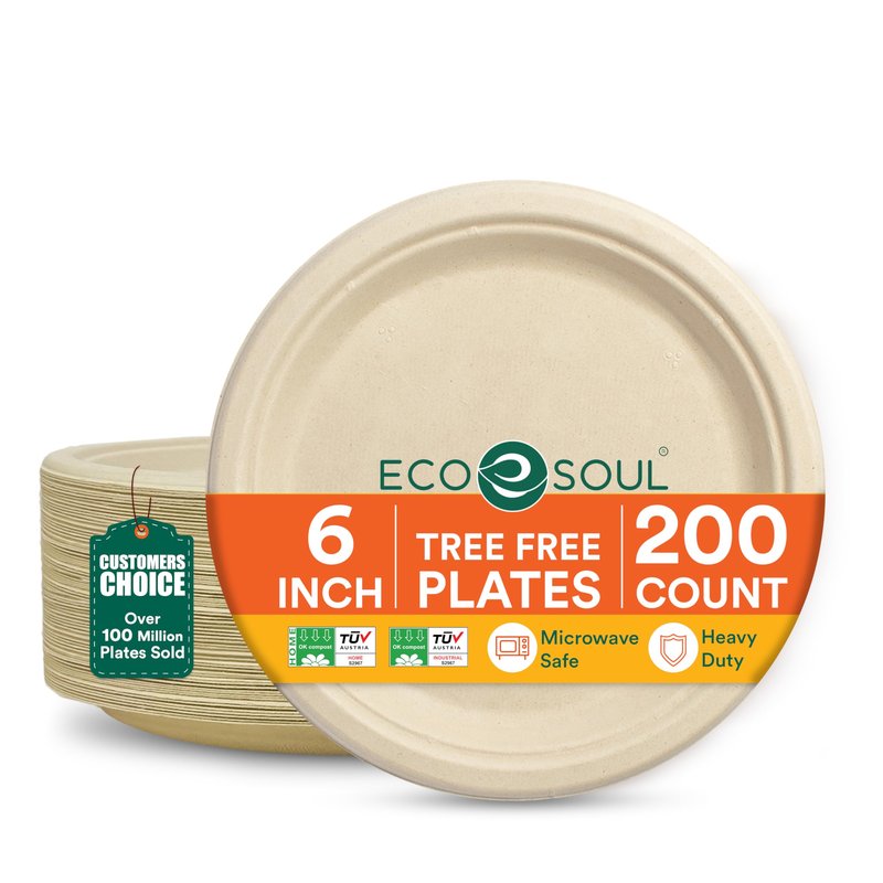 ECO SOUL Compostable Paper Plates 6 Inch, 100 Pack – Small Disposable Dessert Plates, Heavy Duty, Natural Bagasse, Leak Resistant, Microwave Safe, Eco-Friendly Round Appetizer Plates for Party & BBQ