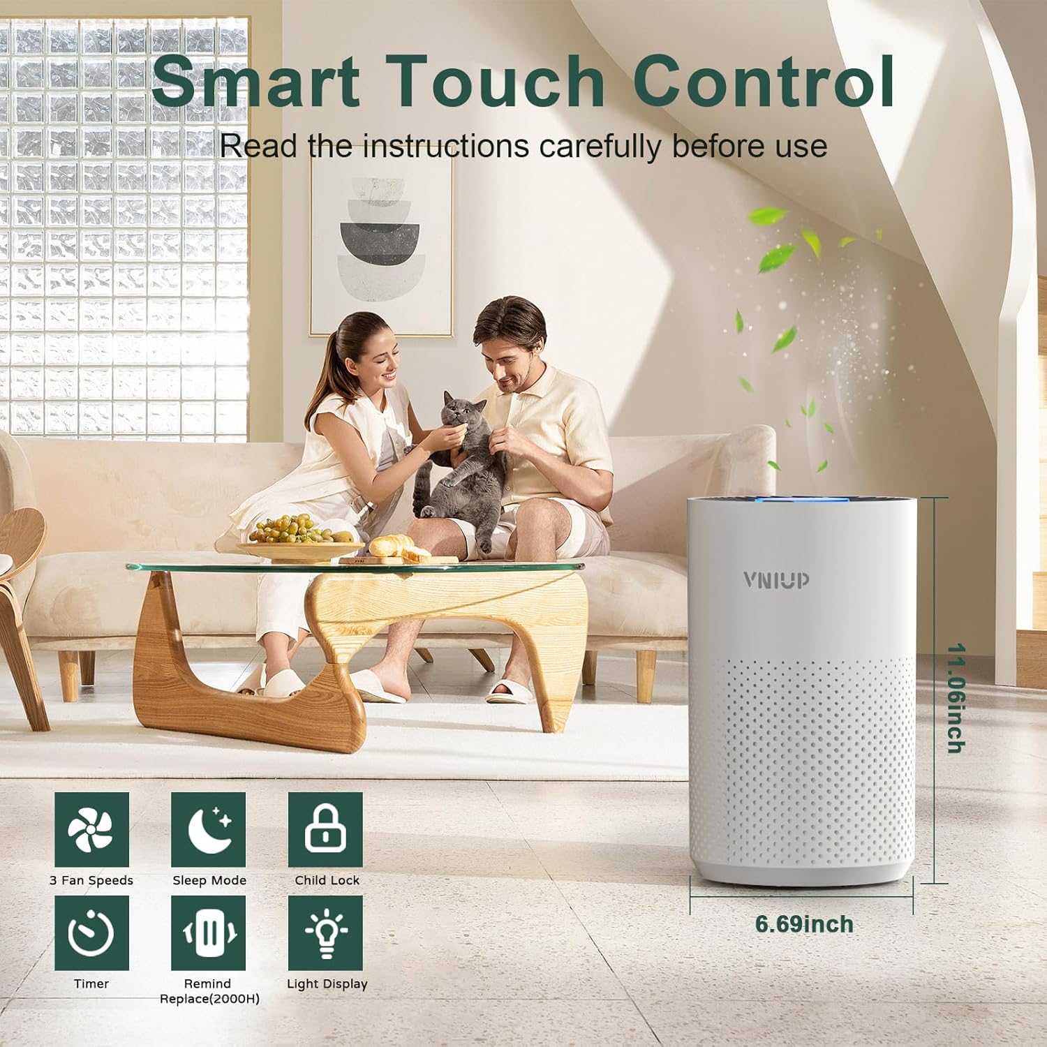 Vniup H14 True HEPA Air Purifier - Effective Odor & Dust Removal for Bedrooms Up to 1350 ft² | Fragrance & Sleep Modes