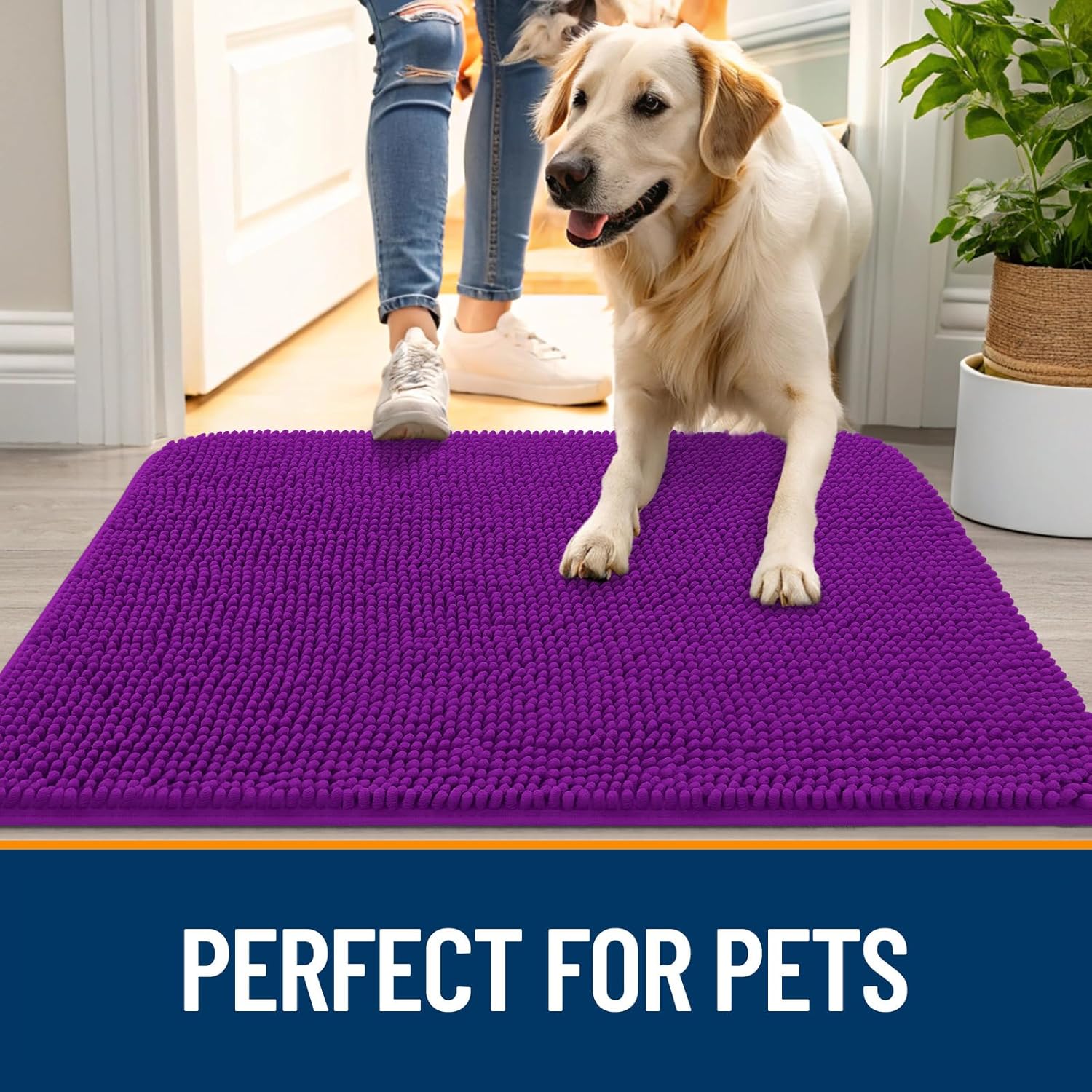 OLANLY Dog Door Mat - Absorbent Non-Slip Washable Doormat for Muddy Paws | 44x32 Inches, Purple