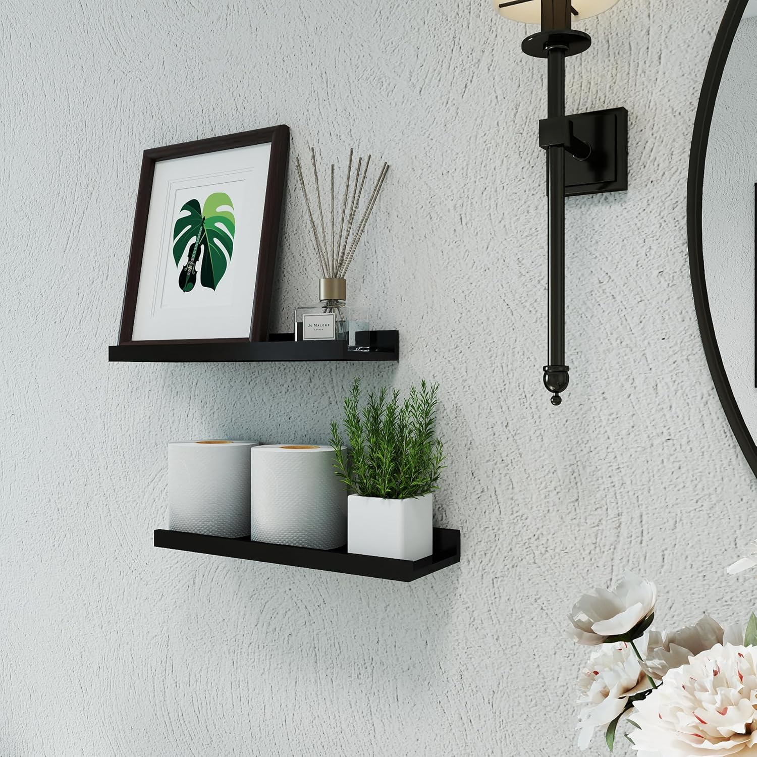 Skiennix Black Floating Shelves - Stylish Wall-Mounted Wood Storage for Home Decor | Set of 2, 14 Inches