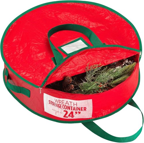 Handy Laundry Wreath Storage Bag - 24 Inch Durable Tarp Container with Zipper & Sturdy Handles, Red