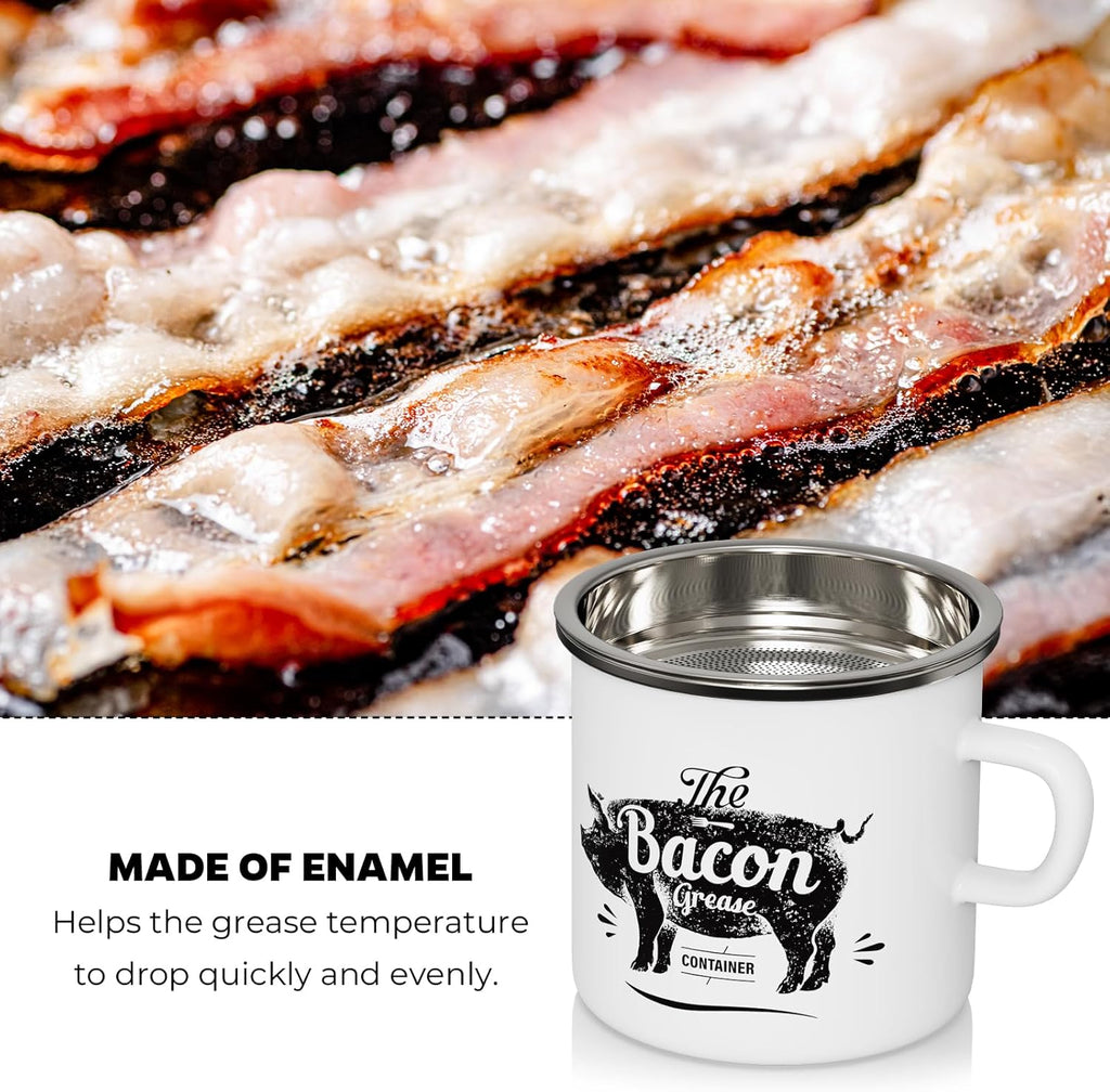 PGYARD Mini Bacon Grease Container - 15oz Enamel Strainer for Kitchen Fat Storage | Dishwasher Safe - White