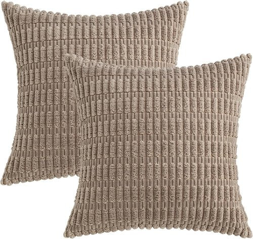 MIULEE Euro Sham Pillow Covers - Soft Corduroy Boho Striped Design | 24x24 Inch Light Brown Decor